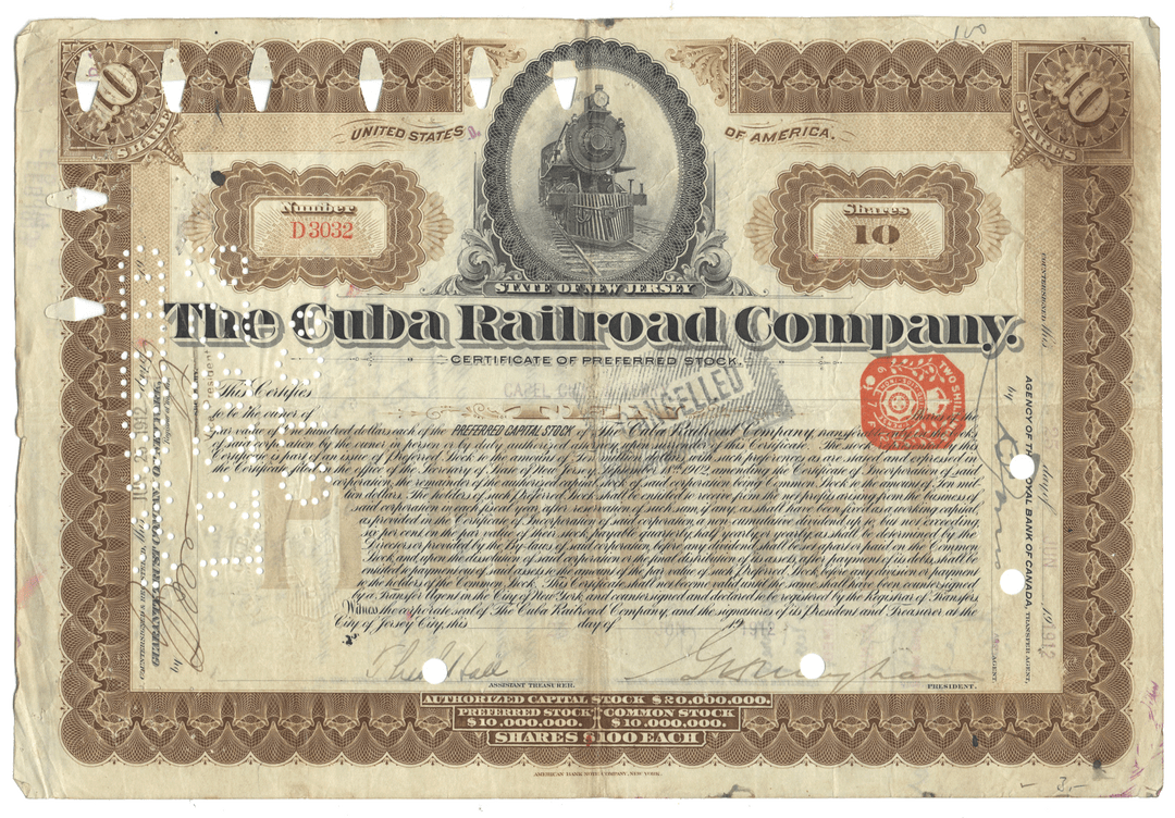 Vintage stock certificate of The Cuba Railroad Company with decorative elements and text.