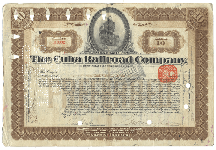 Vintage stock certificate of The Cuba Railroad Company with decorative elements and text.