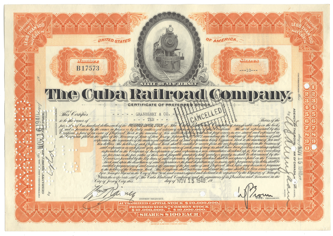Stock certificate from the Cuba Railroad Company with a train logo and decorative border.