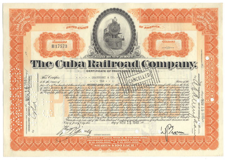 Stock certificate from the Cuba Railroad Company with a train logo and decorative border.