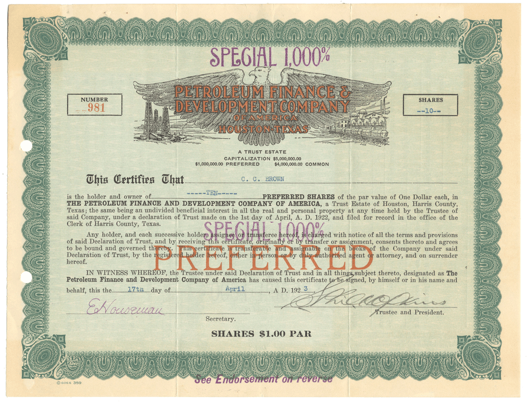 Vintage stock certificate from Petroleum Finance & Development Company with decorative elements.