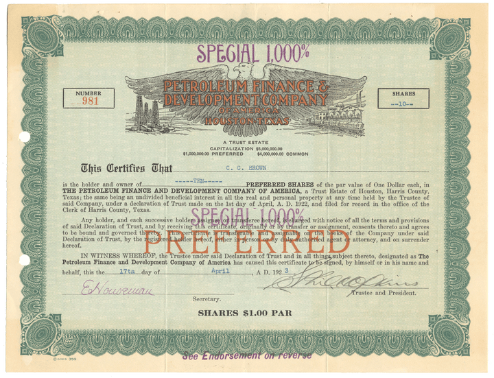 Vintage stock certificate from Petroleum Finance & Development Company with decorative elements.