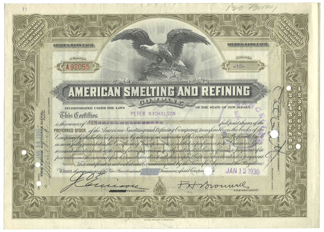 American Smelting and Refining Company Stock Certificate