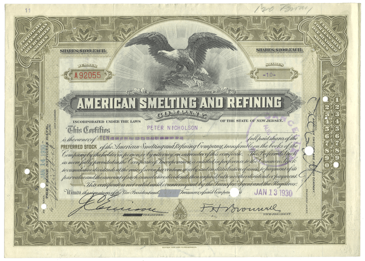 American Smelting and Refining Company Stock Certificate