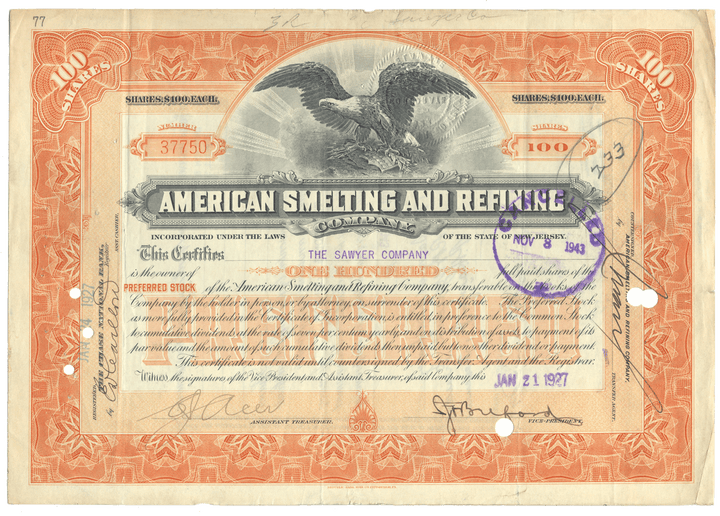 American Smelting and Refining Company Stock Certificate