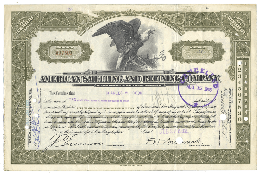 Vintage stock certificate of the American Smelting and Refining Company with an eagle vignette.