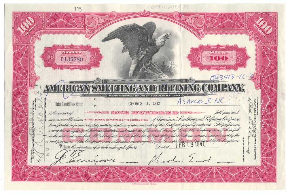 Vintage stock certificate of American Smelting and Refining Company with an eagle illustration.