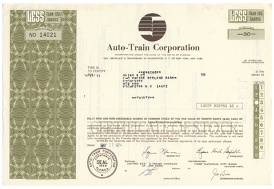 Auto-Train Corporation Stock Certificate