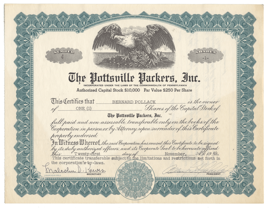 Vintage stock certificate for The Pottsville Packers, Inc. with an eagle emblem.