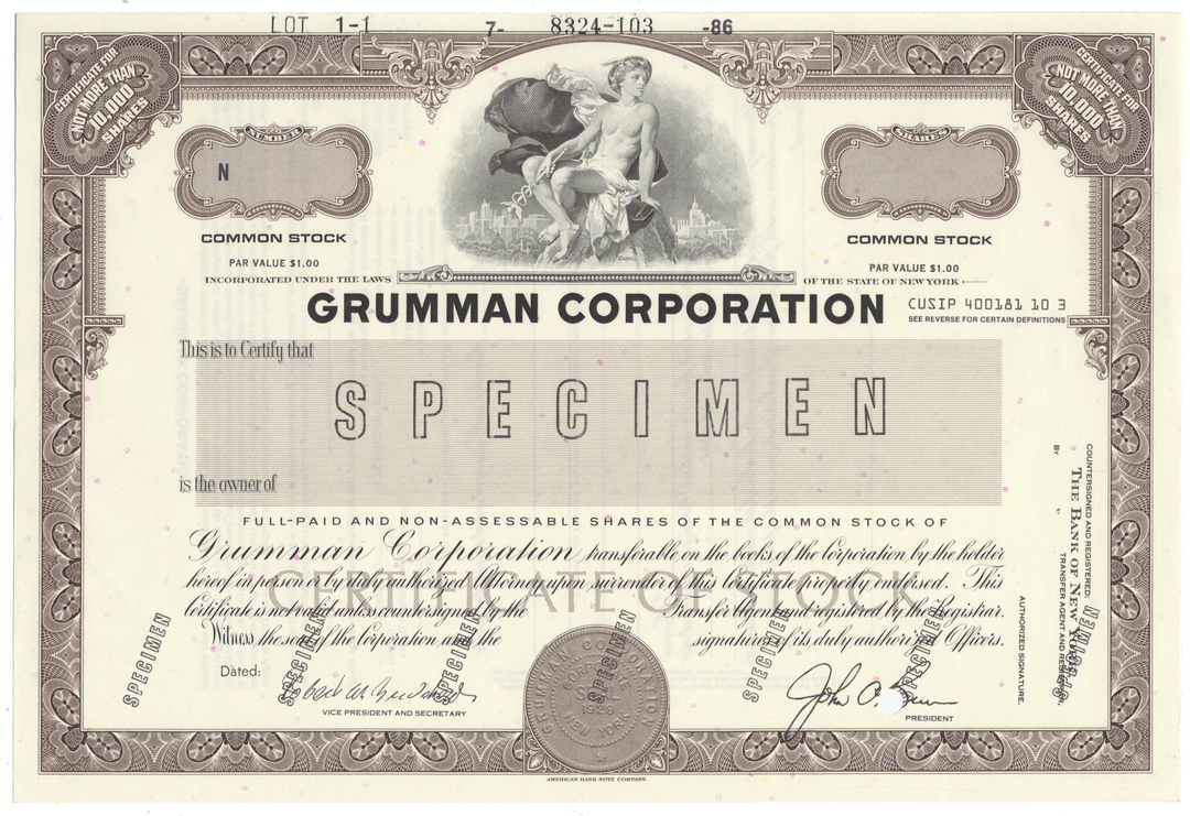 Vintage stock certificate of Grumman Corporation with decorative elements and text.