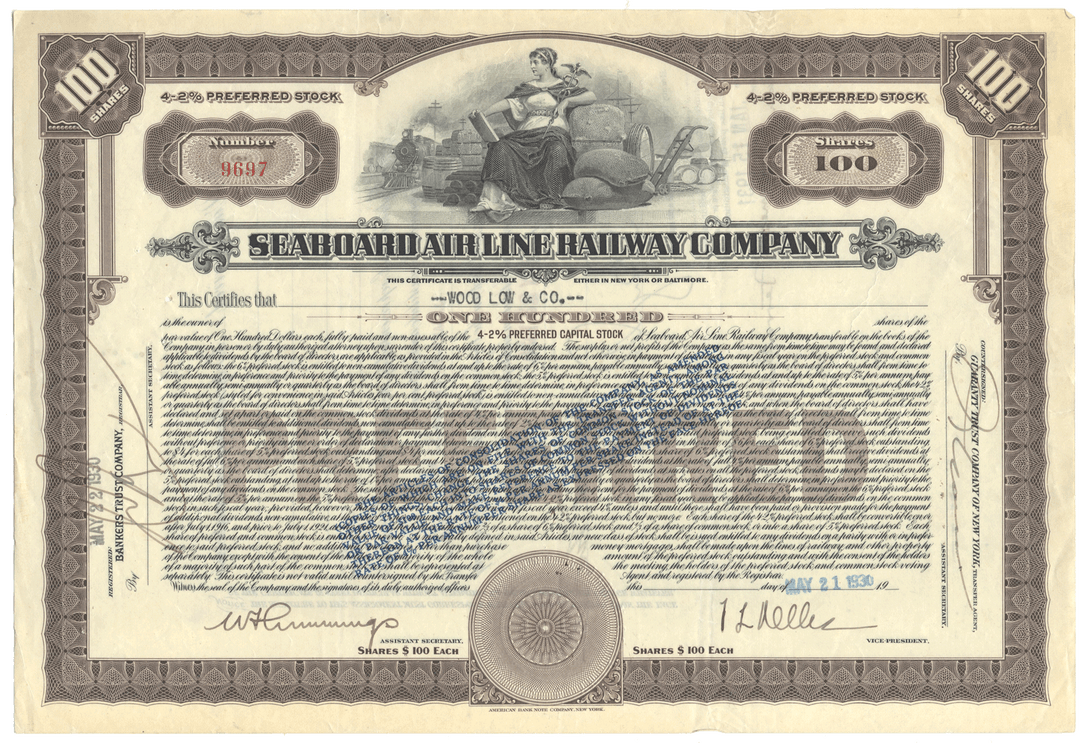Seaboard Air Line Railway Company stock certificate with decorative elements and signature