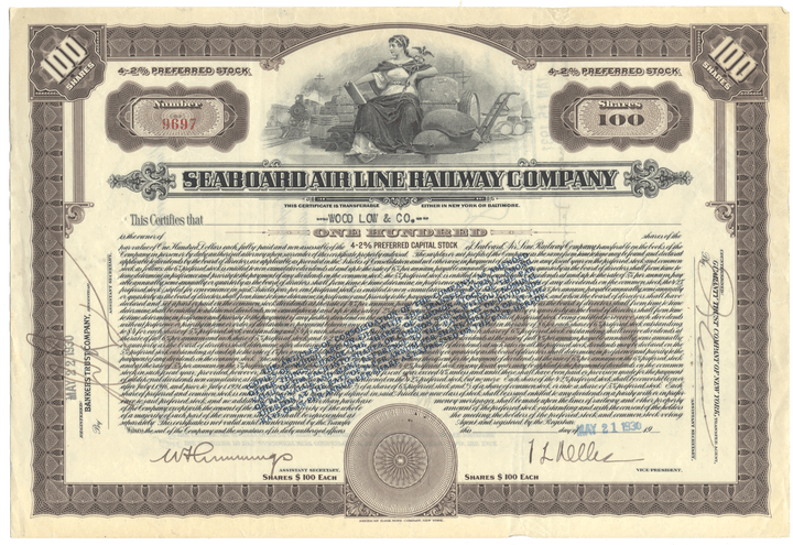 Seaboard Air Line Railway Company stock certificate with decorative elements and signature