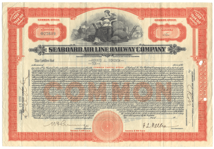 Seaboard Air Line Railway Company stock certificate