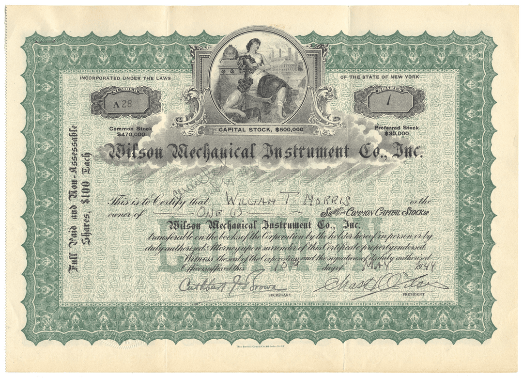 Wilson Mechanical Instrument Co., Inc. Stock Certificate