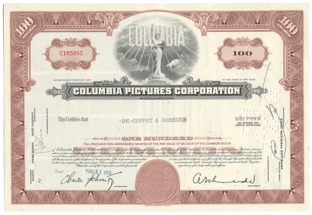 Columbia Pictures Corporation stock certificate with decorative elements