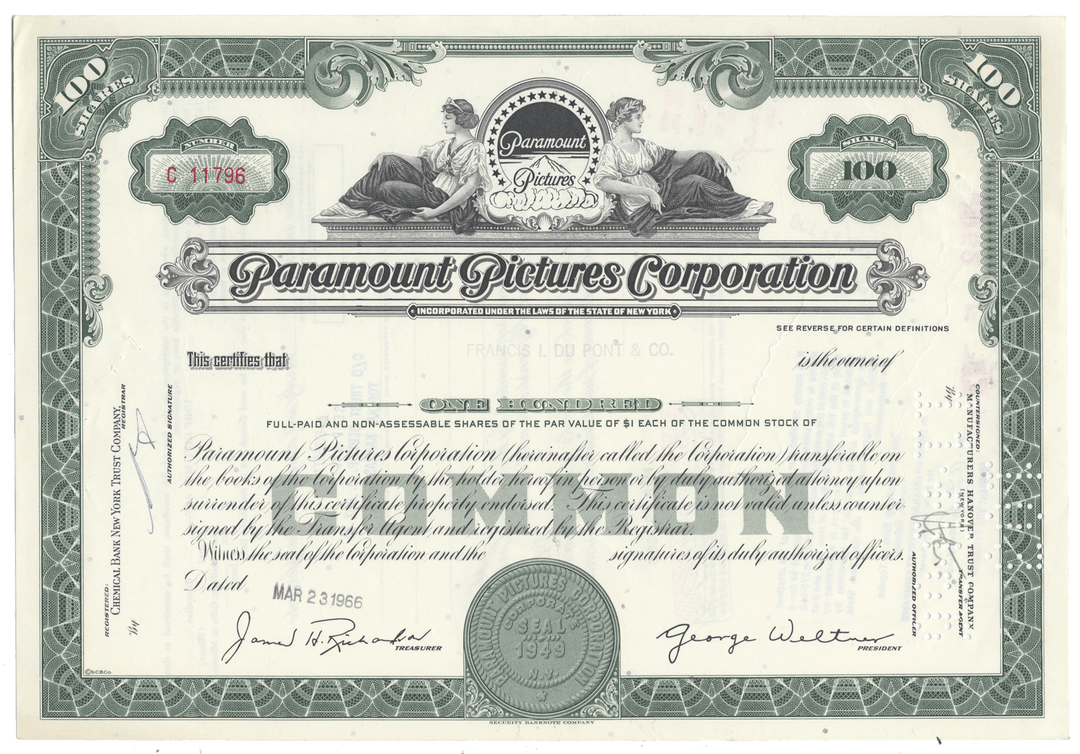 Vintage stock certificate of Paramount Pictures Corporation with decorative elements.