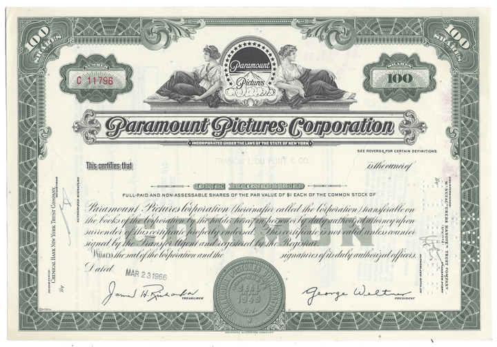 Vintage stock certificate of Paramount Pictures Corporation with decorative elements.