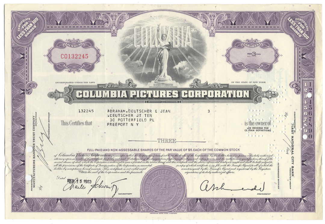 Columbia Pictures Corporation stock certificate with purple and white design