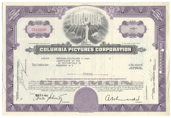 Columbia Pictures Corporation stock certificate with purple and white design