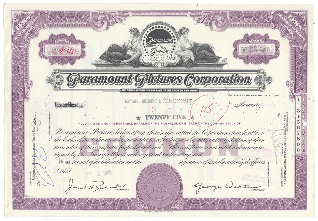 Vintage stock certificate of Paramount Pictures Corporation with decorative elements.