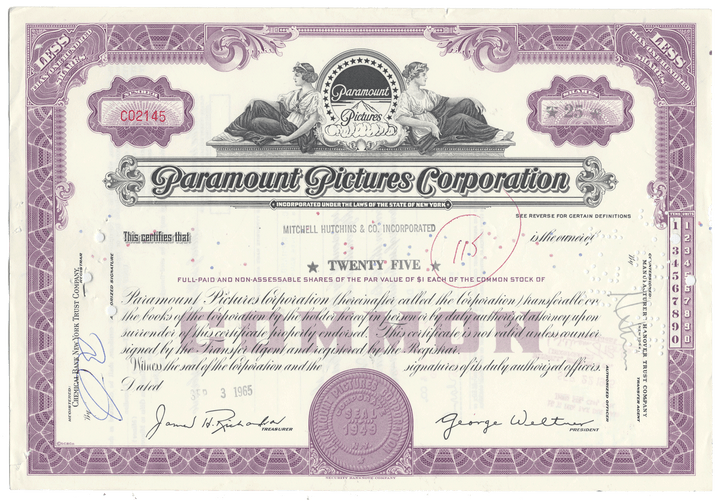 Vintage stock certificate of Paramount Pictures Corporation with decorative elements.