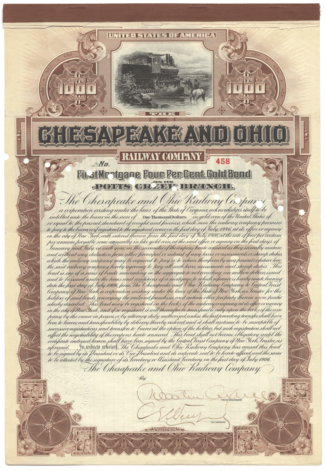 Chesapeake and Ohio Railway Company Bond Certificate