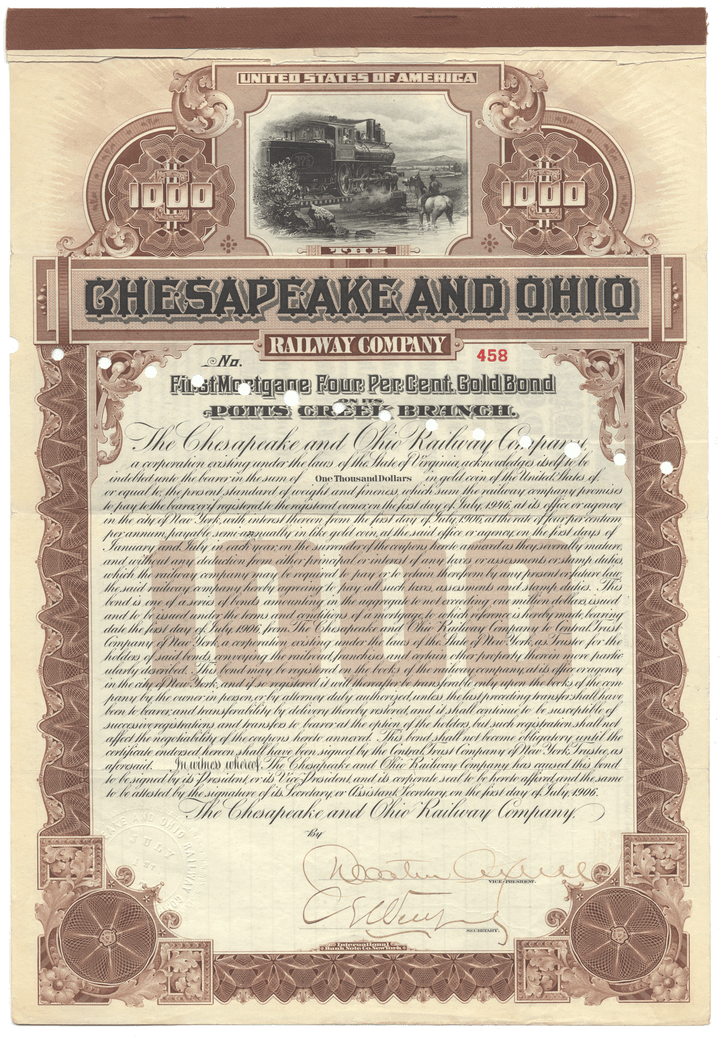 Chesapeake and Ohio Railway Company Bond Certificate