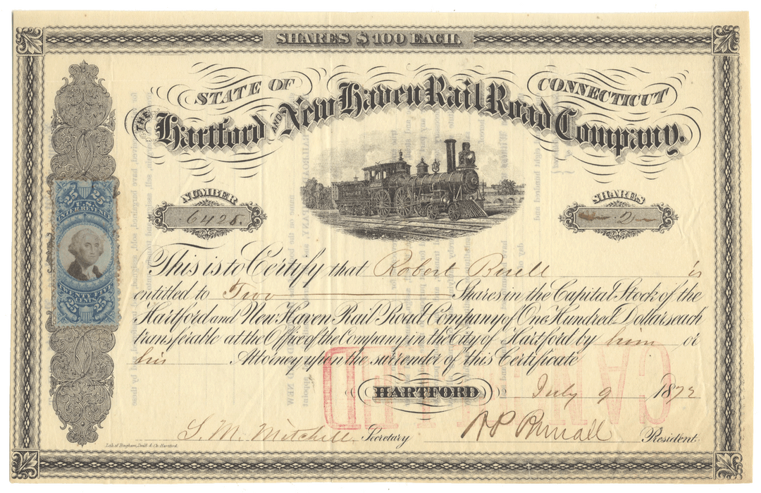 Historical stock certificate from the Hartford and New Haven Rail Road Company, issued on July 9, 1872.