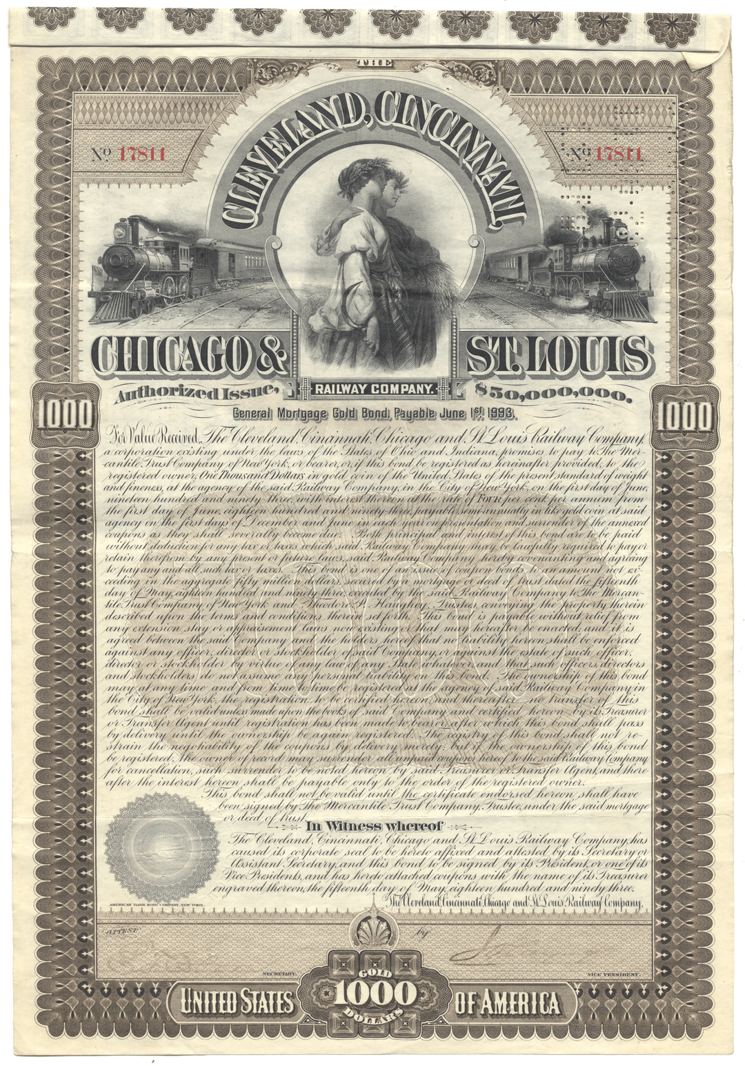 Cleveland, Cincinnati, Chicago & St. Louis Railway Company Bond Certificate