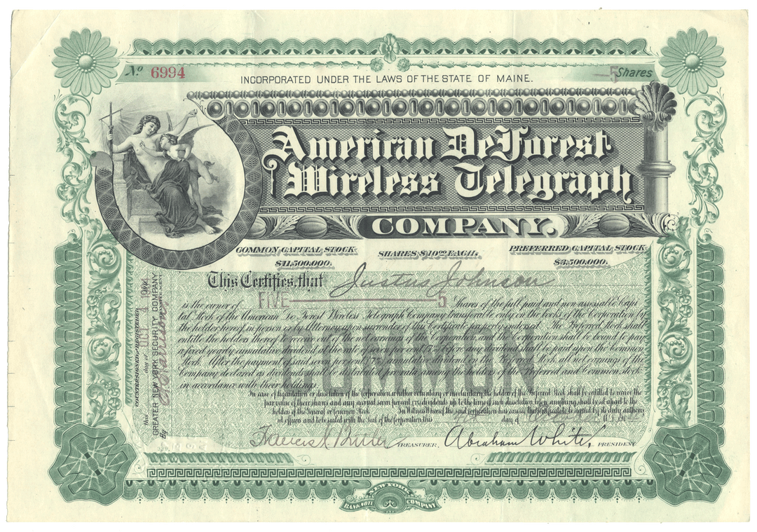 American De Forest Wireless Telegraph Company Stock Certificate