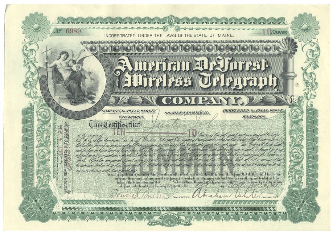 American De Forest Wireless Telegraph Company Stock Certificate