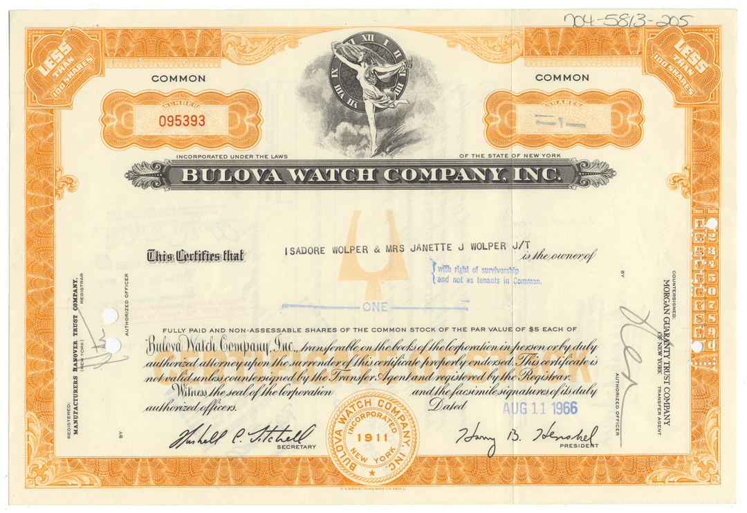 Bulova Watch Company Stock Certificate