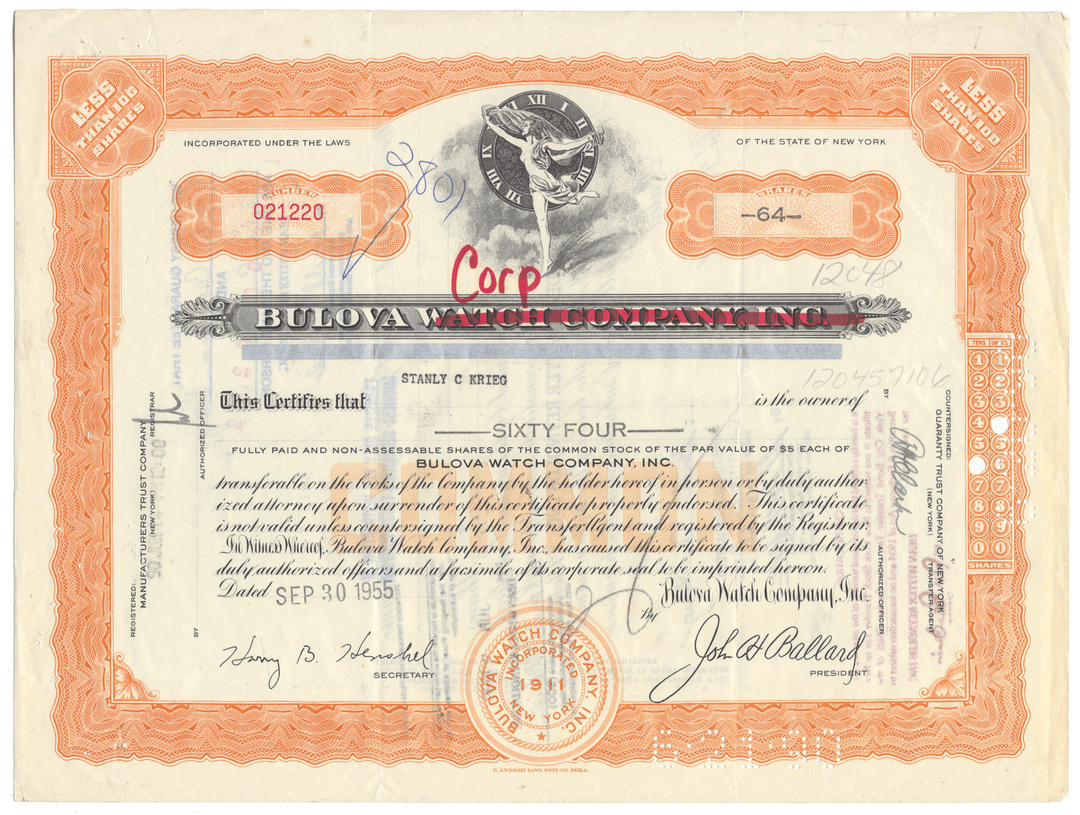 Vintage stock certificate from the Bulova Watch Company from 1955