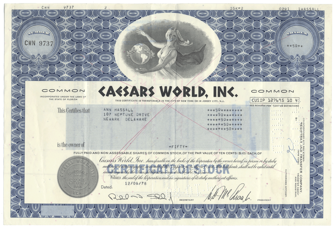 Caesars World, Inc. Stock Certificate