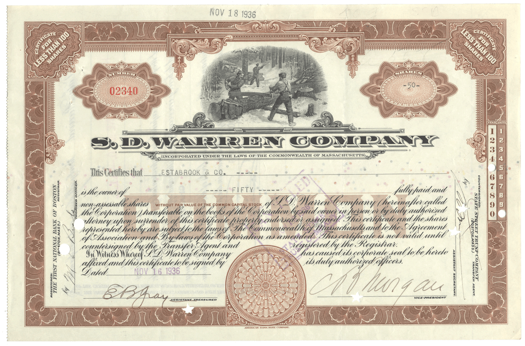 S D Warren Company Stock Certificate