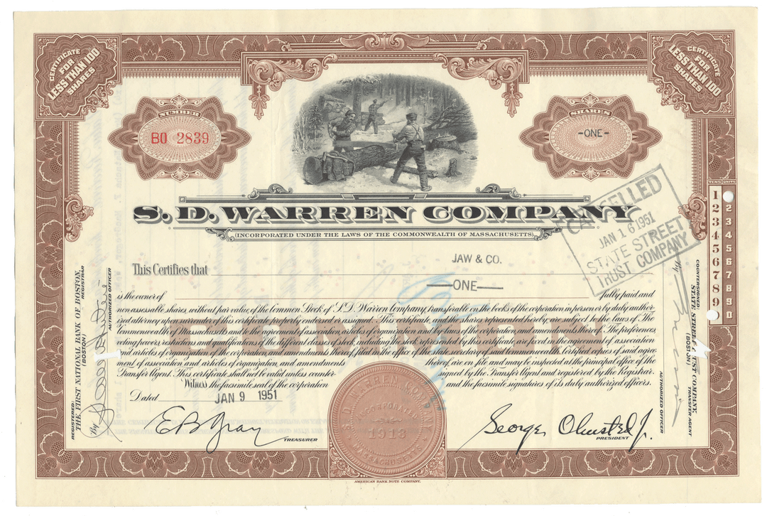 Vintage stock certificate from the S.D. Warren Company with decorative elements and text.