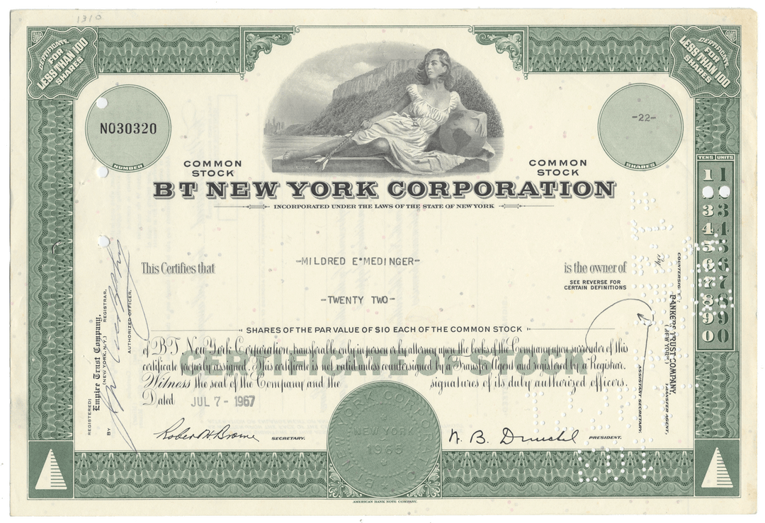 Vintage stock certificate from BT New York Corporation with a scenic design
