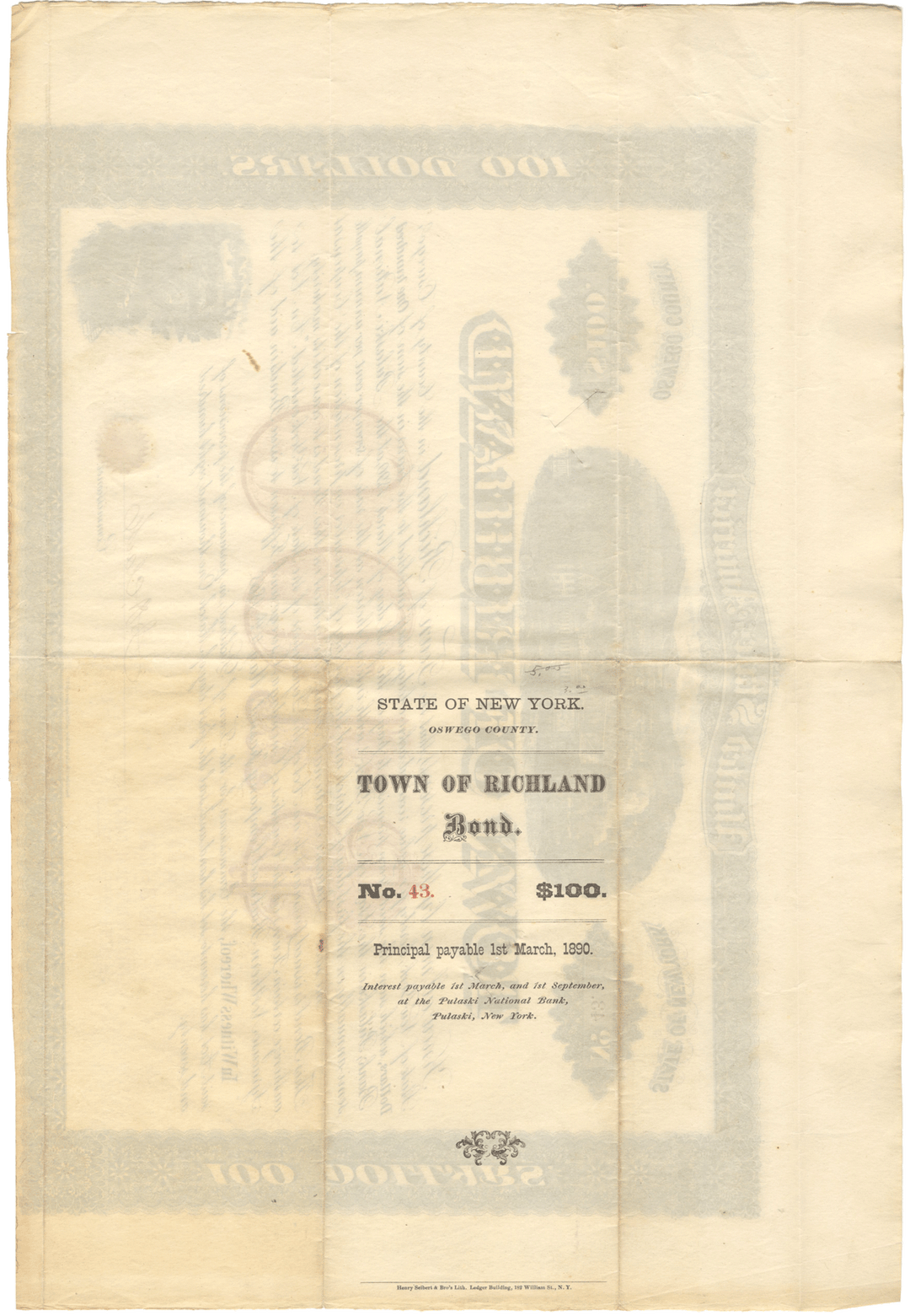 Richland, New York Bond Certificate in Aid of the Syracuse Northern Railroad Company