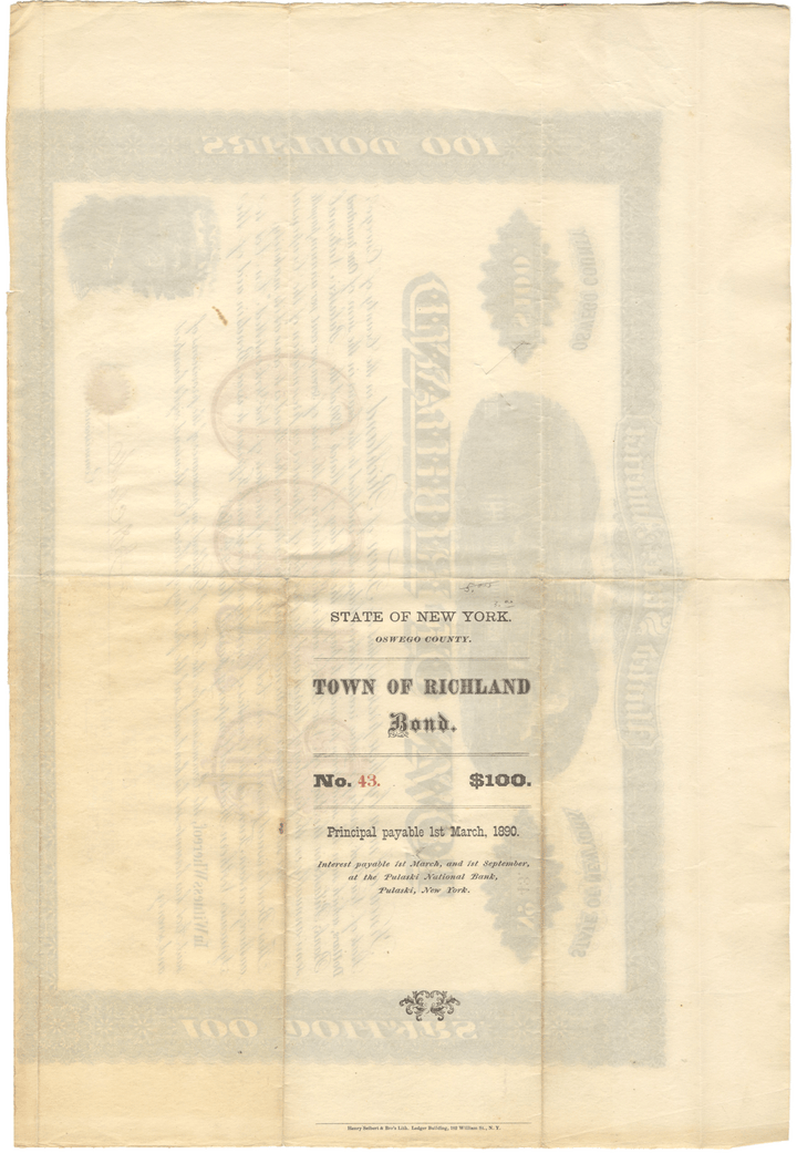 Richland, New York Bond Certificate in Aid of the Syracuse Northern Railroad Company