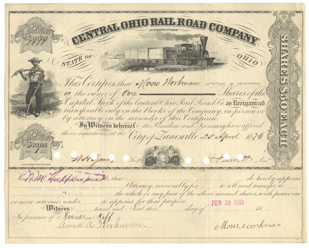 Share certificate of the Central Ohio Rail Road Company from 1876