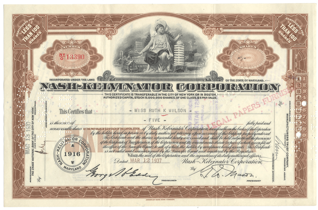 Nash - Kelvinator Corporation Stock Certificate