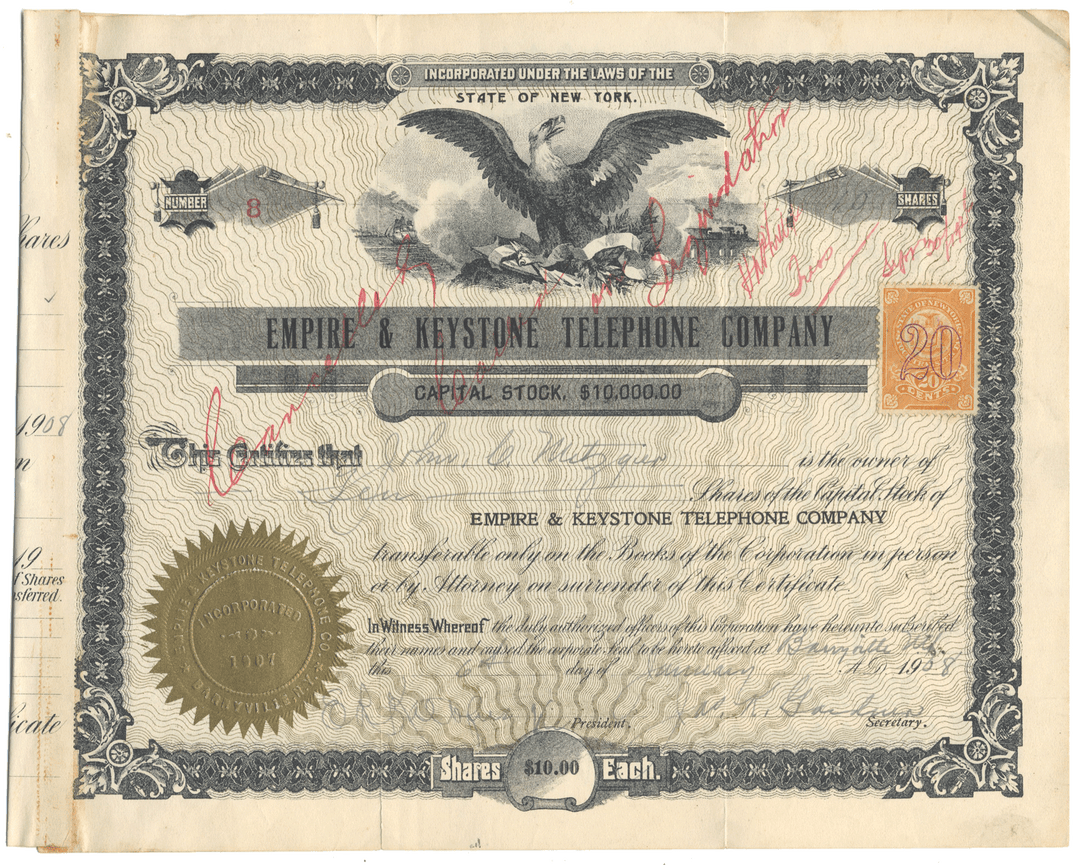 Empire & Keystone Telephone Company Stock Certificate