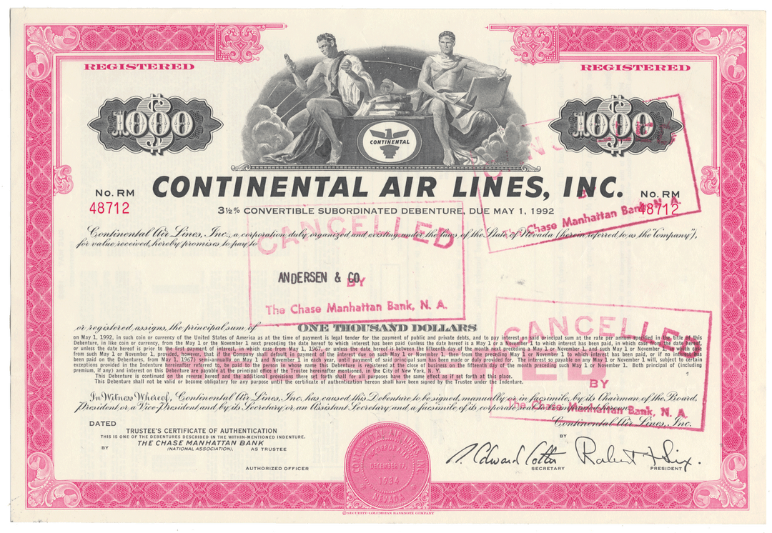 Vintage Continental Airlines, Inc. bond certificate