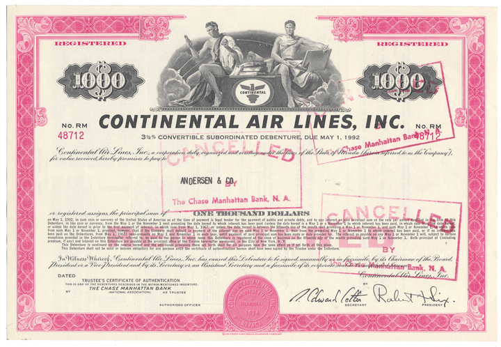 Vintage Continental Airlines, Inc. bond certificate