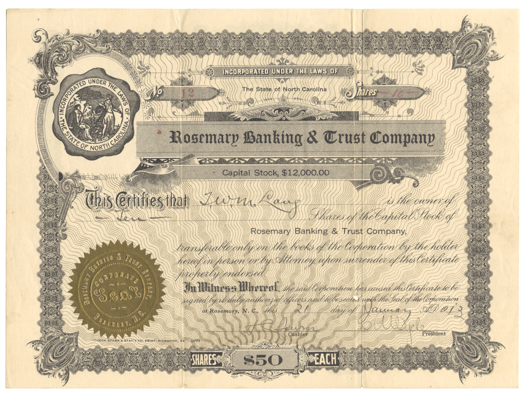 Rosemary Banking & Trust Company Stock Certificate Issued to Thomas Williams Mason Long