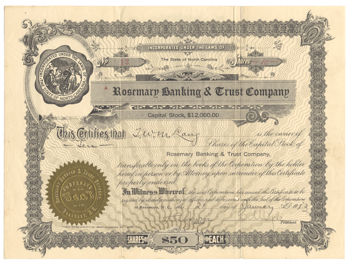 Rosemary Banking & Trust Company Stock Certificate Issued to Thomas Williams Mason Long