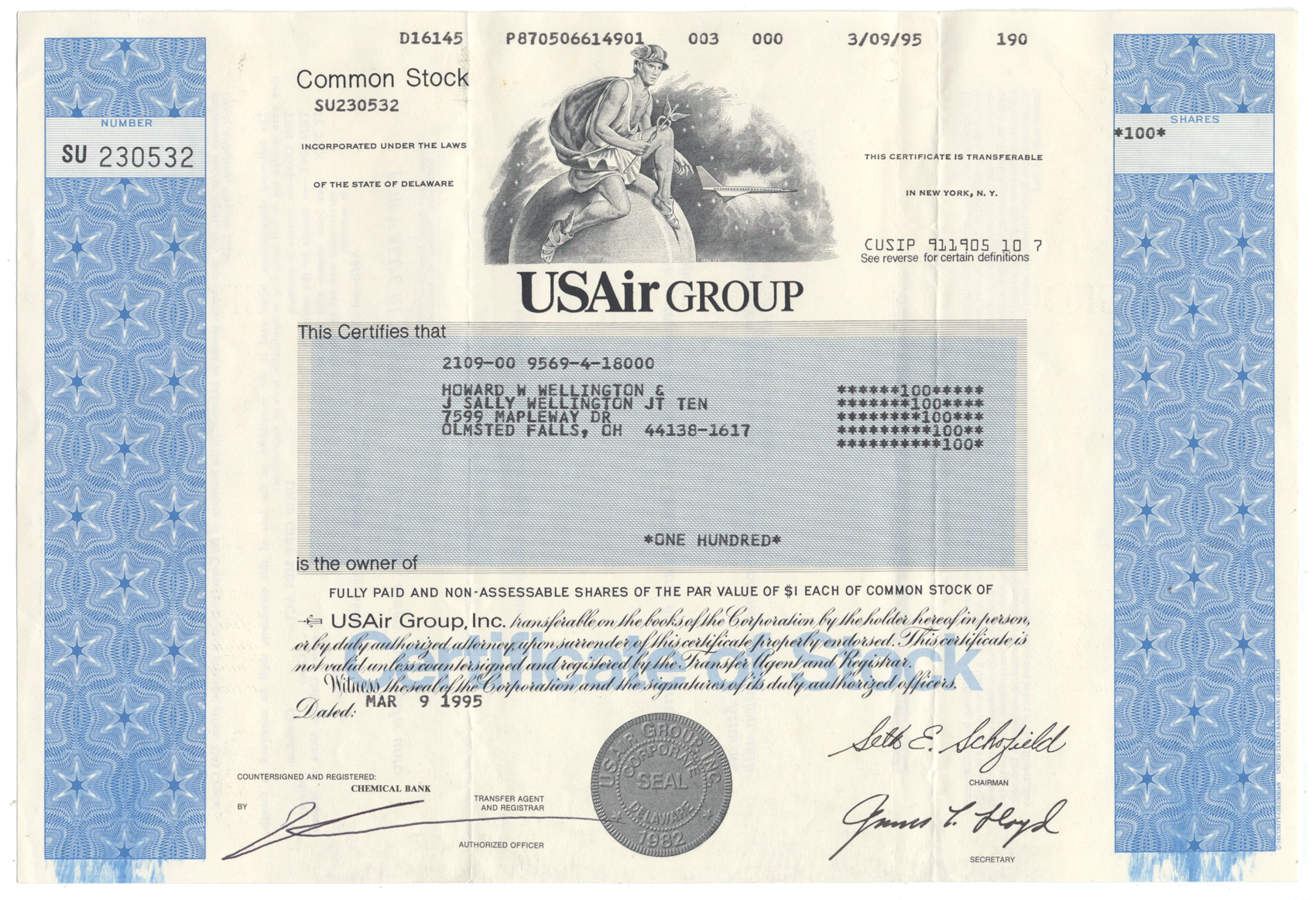 USAir Group, Inc. Stock Certificate