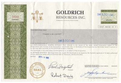 Goldrich Resources Inc. Stock Certificate