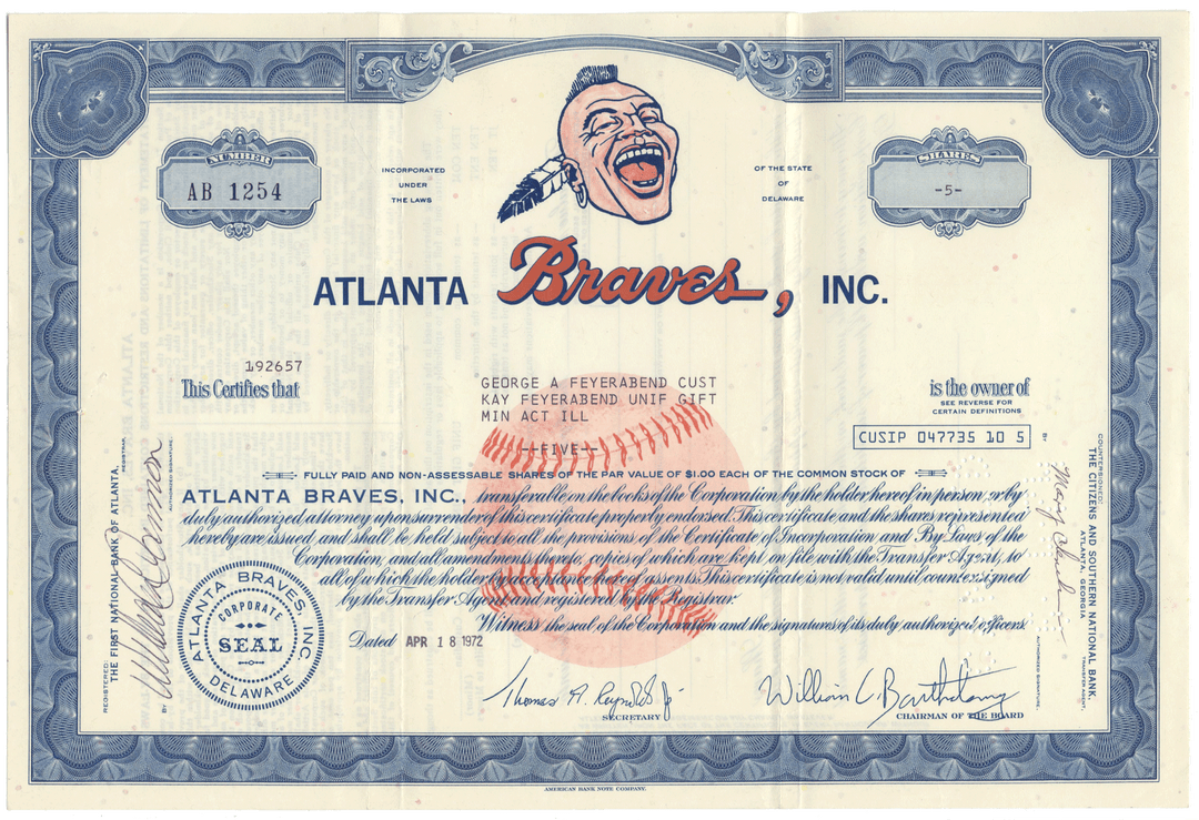 Atlanta Braves, Inc. Stock Certificate