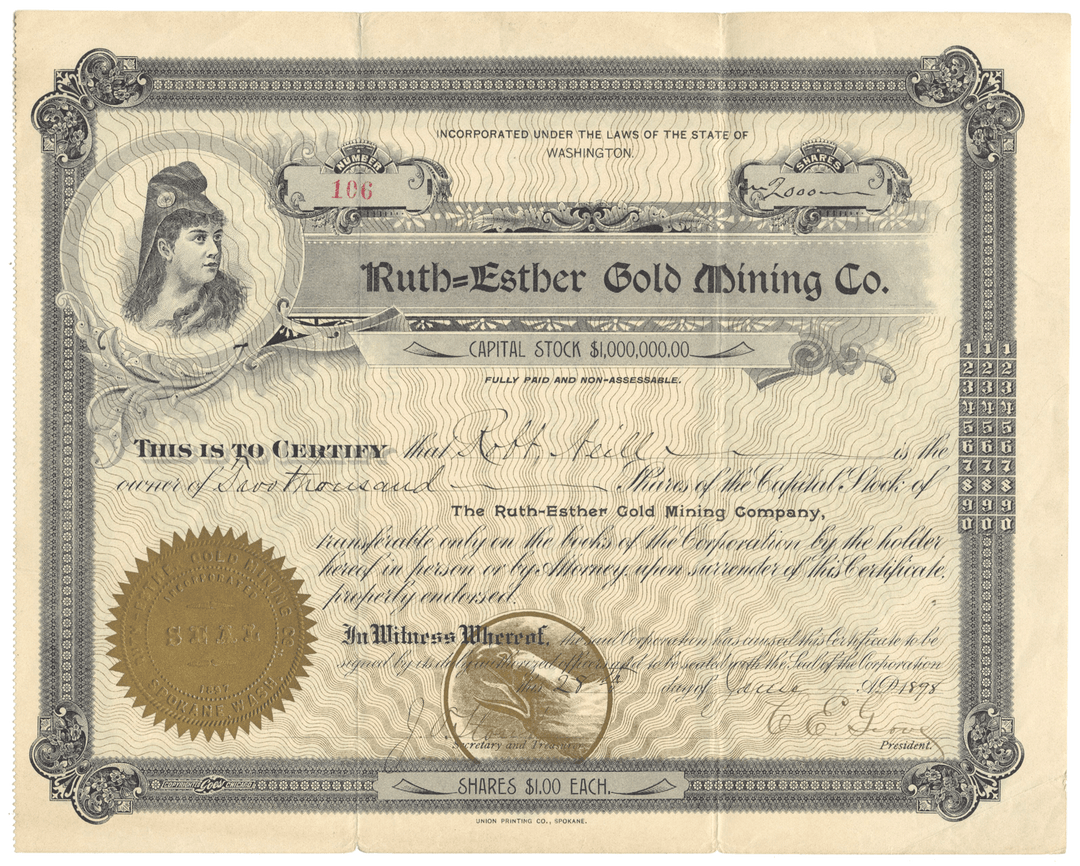 Ruth-Esther Gold Mining Co. Stock Certificate